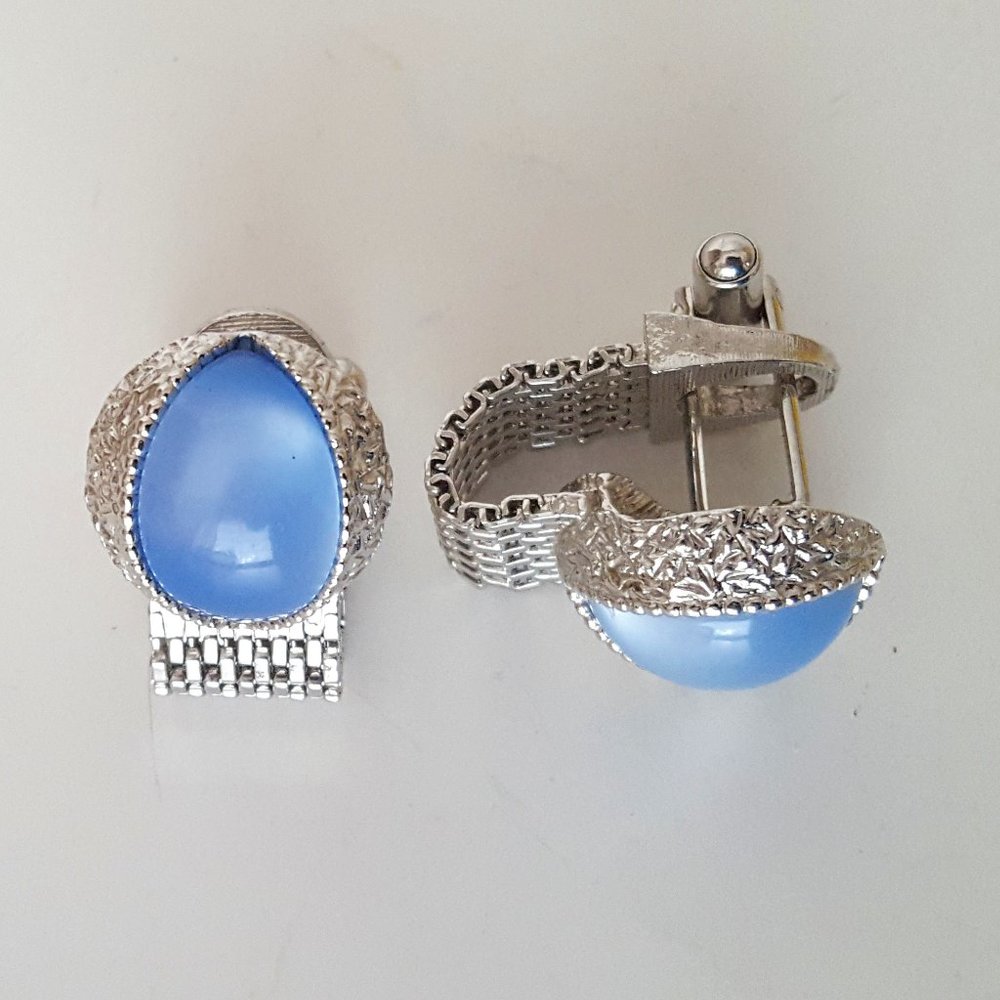 Cufflinks Vintage Swank Moonglow Cat's Eye Silvertone Metal Mesh Wrap**